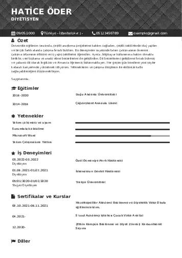 Beslenme Uzmanı Diyetisyen CV Örnekleri cv indir